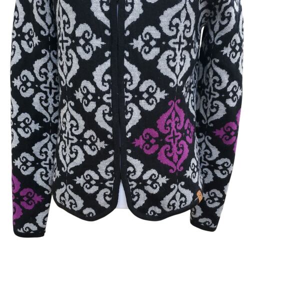 NEVE Geometric Wool Cardigan Jacket Hook Eye Notched Back Black Gray Purple Sz S - Picture 7 of 16